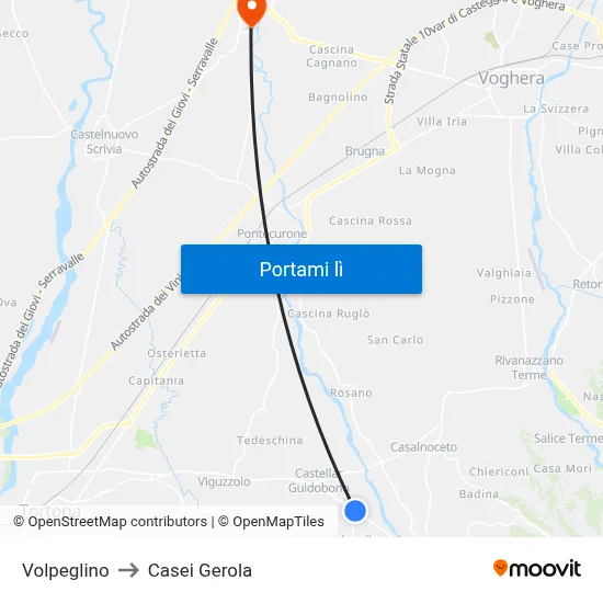 Volpeglino to Casei Gerola map