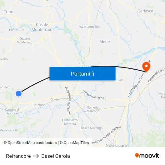 Refrancore to Casei Gerola map