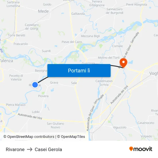 Rivarone to Casei Gerola map