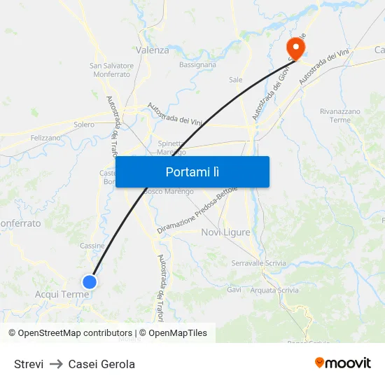 Strevi to Casei Gerola map
