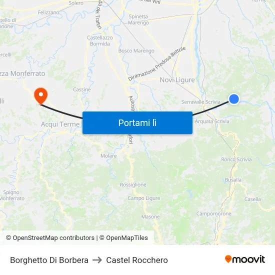 Borghetto Di Borbera to Castel Rocchero map