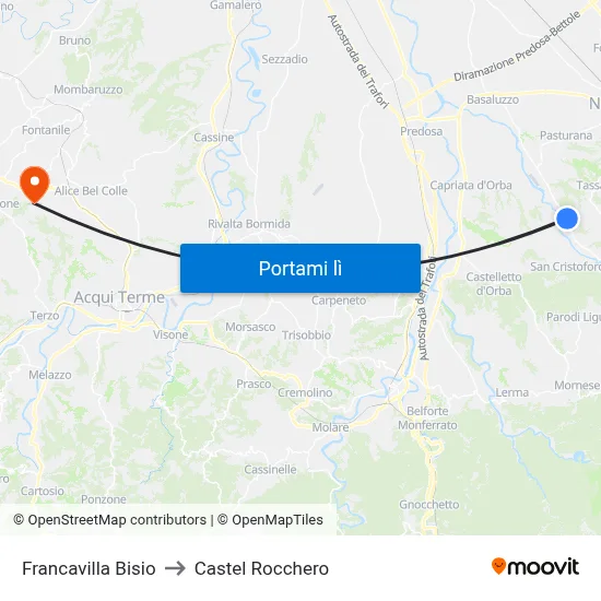 Francavilla Bisio to Castel Rocchero map