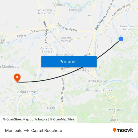 Monleale to Castel Rocchero map