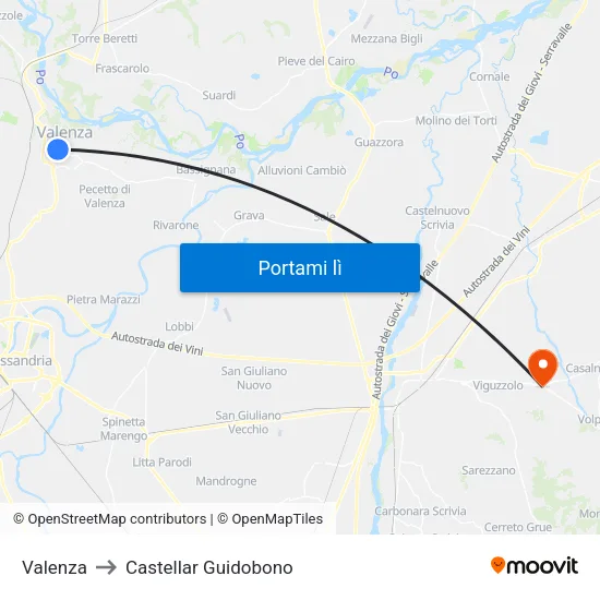 Valenza to Castellar Guidobono map