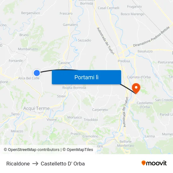Ricaldone to Castelletto D' Orba map