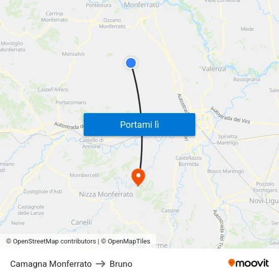 Camagna Monferrato to Bruno map