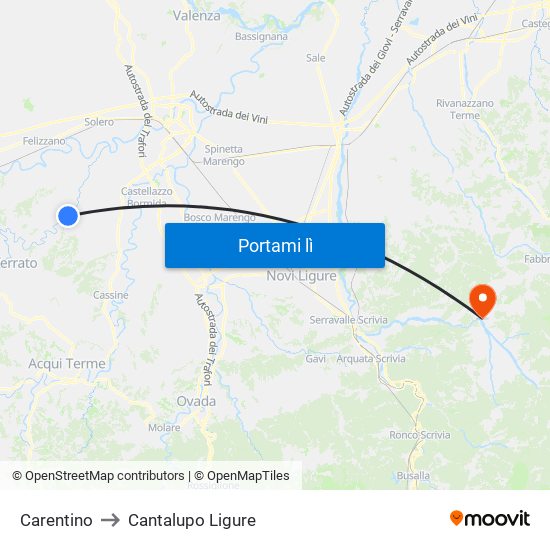 Carentino to Cantalupo Ligure map