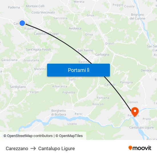 Carezzano to Cantalupo Ligure map