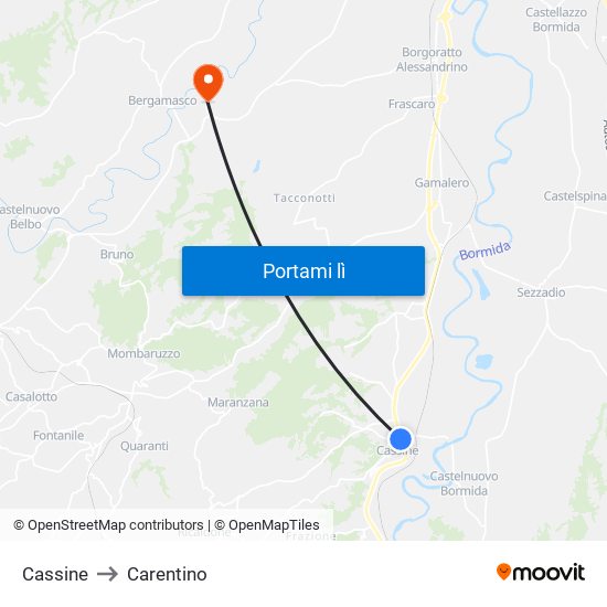 Cassine to Carentino map