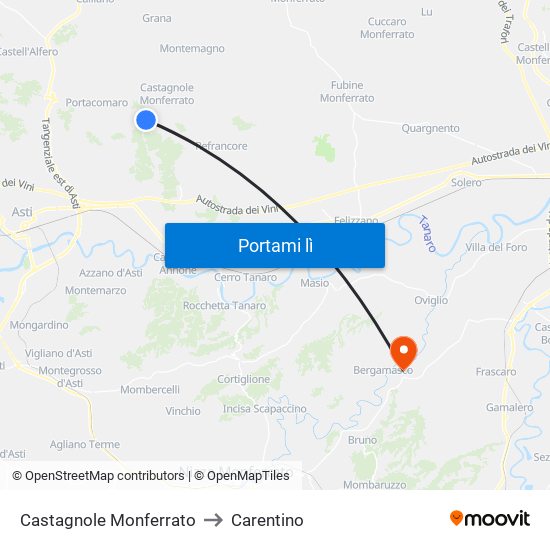 Castagnole Monferrato to Carentino map