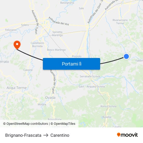 Brignano-Frascata to Carentino map