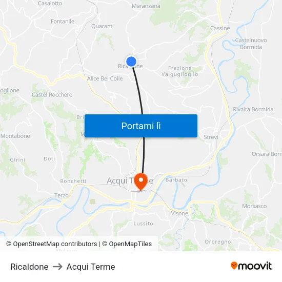 Ricaldone to Acqui Terme map