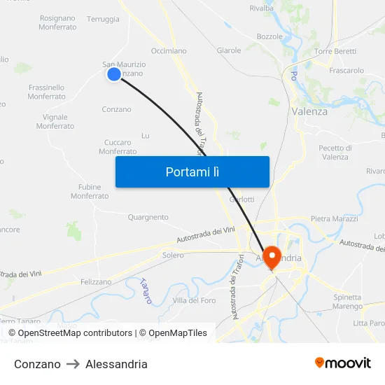 Conzano to Alessandria map
