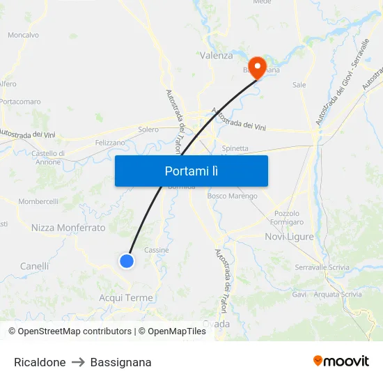 Ricaldone to Bassignana map