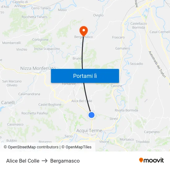 Alice Bel Colle to Bergamasco map