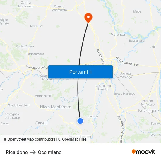 Ricaldone to Occimiano map