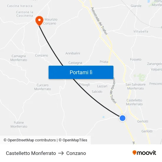Castelletto Monferrato to Conzano map