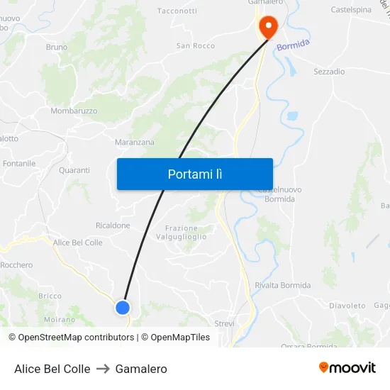 Alice Bel Colle to Gamalero map