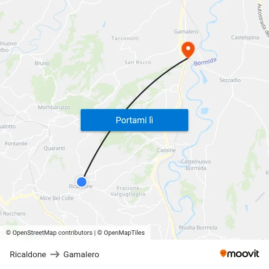 Ricaldone to Gamalero map
