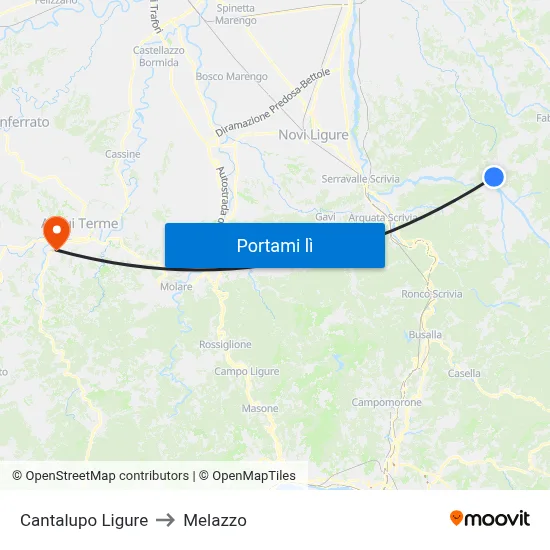 Cantalupo Ligure to Melazzo map