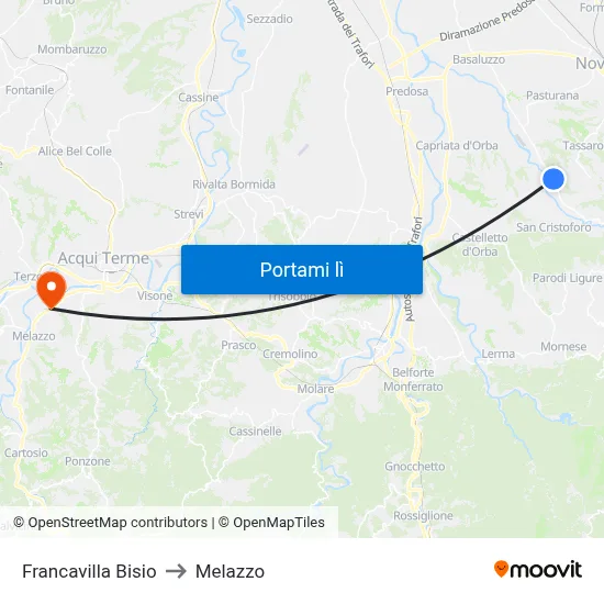 Francavilla Bisio to Melazzo map