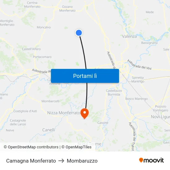 Camagna Monferrato to Mombaruzzo map