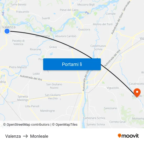 Valenza to Monleale map