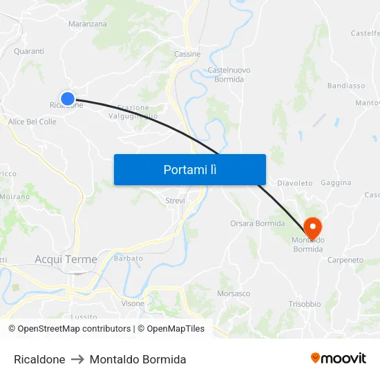 Ricaldone to Montaldo Bormida map