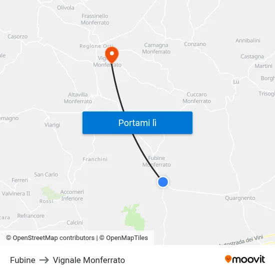 Fubine to Vignale Monferrato map