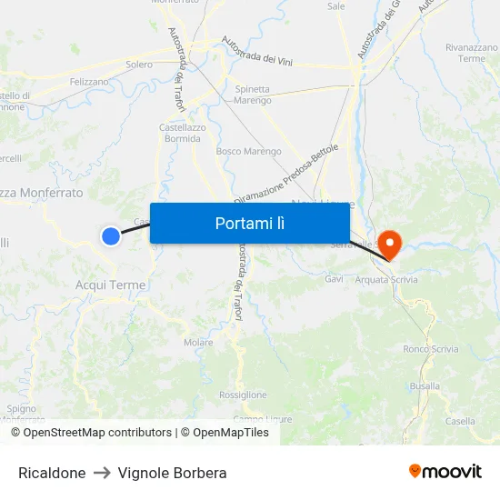 Ricaldone to Vignole Borbera map
