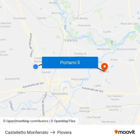 Castelletto Monferrato to Piovera map