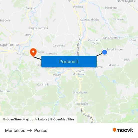 Montaldeo to Prasco map