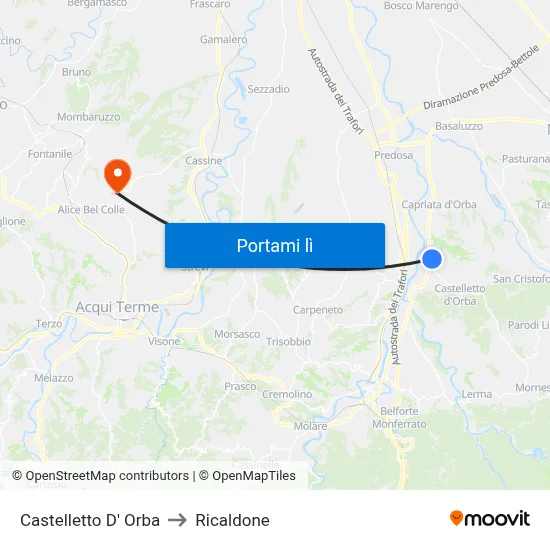 Castelletto D' Orba to Ricaldone map