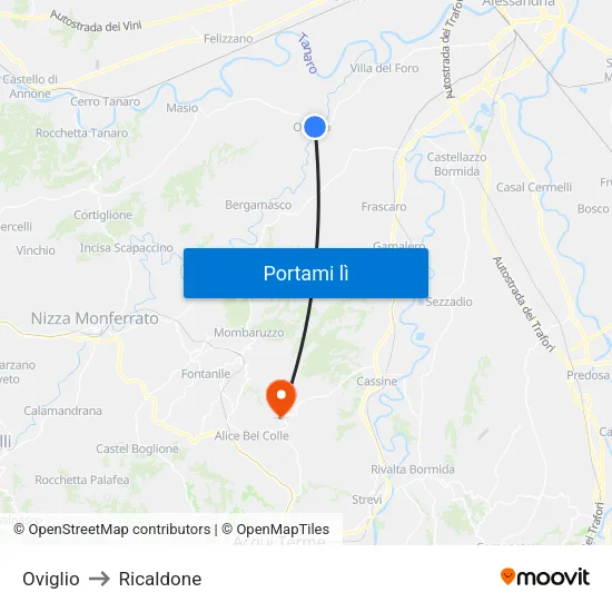 Oviglio to Ricaldone map