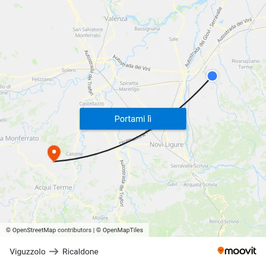 Viguzzolo to Ricaldone map