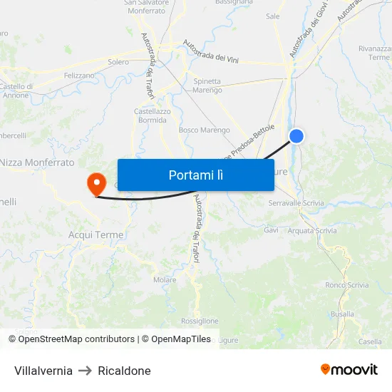 Villalvernia to Ricaldone map