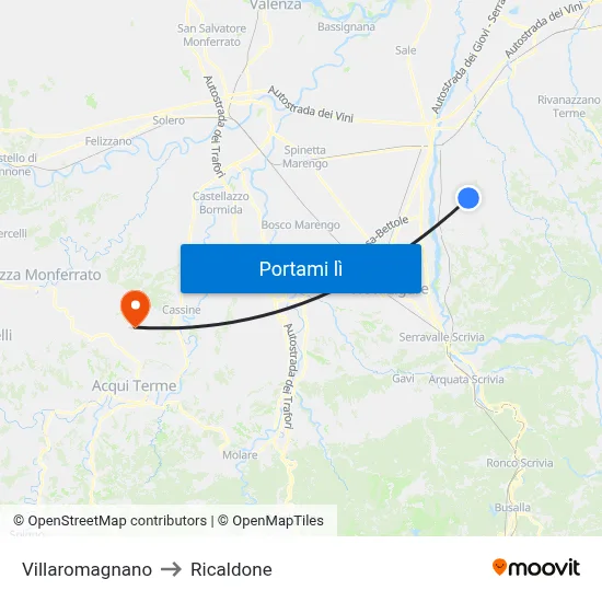 Villaromagnano to Ricaldone map