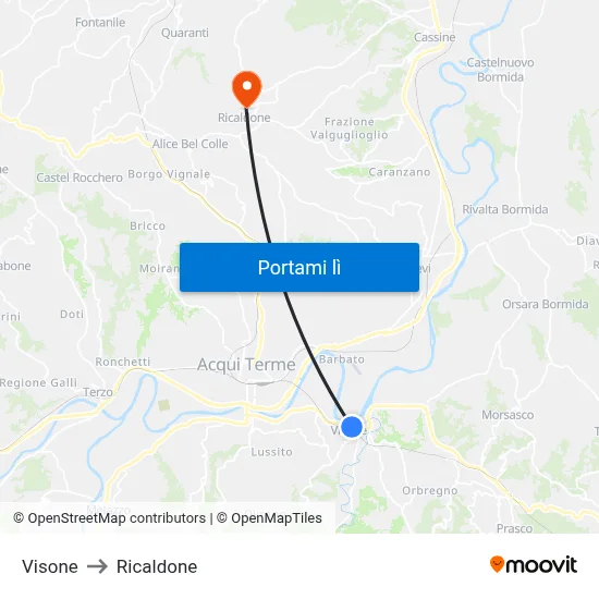 Visone to Ricaldone map