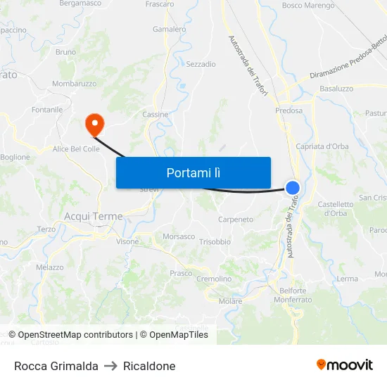 Rocca Grimalda to Ricaldone map