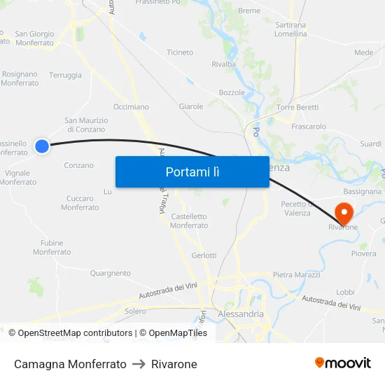 Camagna Monferrato to Rivarone map