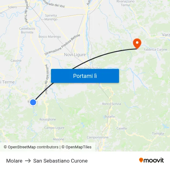 Molare to San Sebastiano Curone map