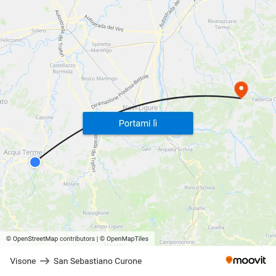 Visone to San Sebastiano Curone map