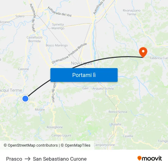Prasco to San Sebastiano Curone map