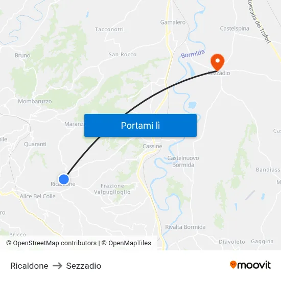 Ricaldone to Sezzadio map
