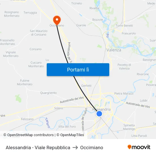 Alessandria - Viale Repubblica to Occimiano map