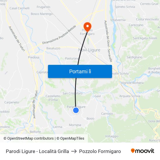 Parodi Ligure - Località Grilla to Pozzolo Formigaro map
