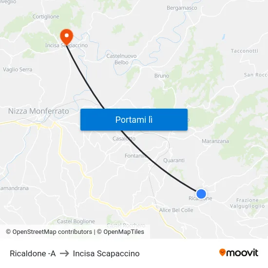 Ricaldone -A to Incisa Scapaccino map