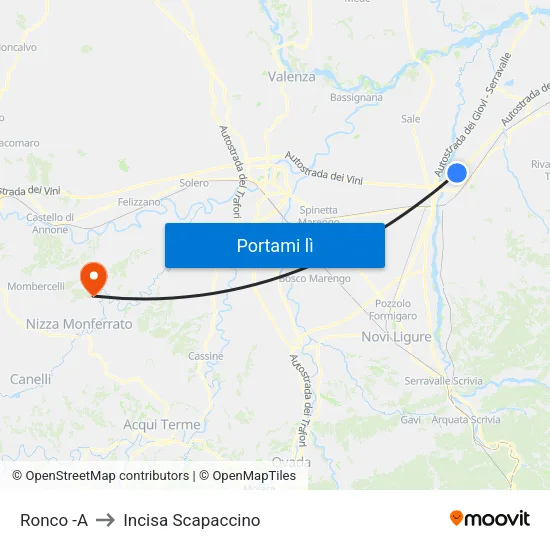 Ronco -A to Incisa Scapaccino map