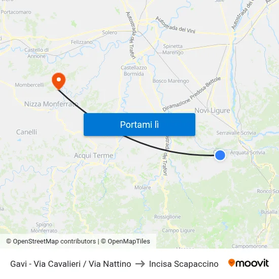 Gavi - Via Cavalieri / Via Nattino to Incisa Scapaccino map