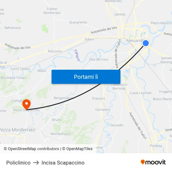 Policlinico to Incisa Scapaccino map